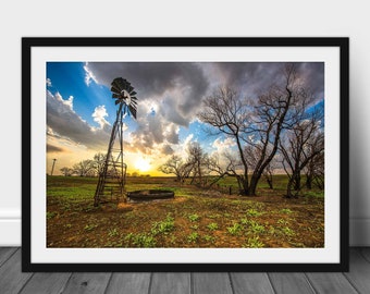 Framed Wall Art - Picture of Old Windmill and Charred Trees at Sunset in Kansas Country Photography Print Farmhouse Decor