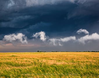 Nature Photography Print - Picture of Clouds in Various Shapes Over Open Field on Stormy Day in Oklahoma Sky Wall Art Landscape Photo Decor