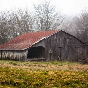 Country Photography Print - Picture of Old Barn with Rusted Tin Roof on Foggy Day in Arkansas Rustic Abandoned Wall Art Farmhouse Decor