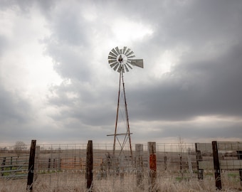 Farm Wall Art - Picture of Aermotor Windmill Against Silver Sky in Iowa - Country Farmhouse Photography Photo Print Artwork Decor