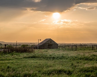 Great Plains Photography Print - Picture of Old Barn on Hazy Summer Evening in Oklahoma Country Landscape Wall Art Farmhouse Decor