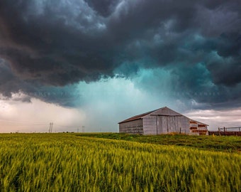 Storm Photography Print - Picture of Thunderstorm Passing Behind Tin Covered Barn in Oklahoma Country Wall Art Farmhouse Decor