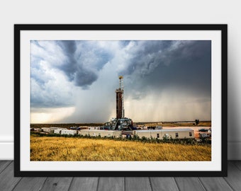 Framed and Matted Photography Print - Picture of Drilling Rig and Storm in Oklahoma Oilfield Wall Art Oil and Gas Decor