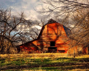 Country Photography Print - Picture of Rustic Red Barn on Autumn Day in Oklahoma Farm Landscape Wall Art Farmhouse Decor