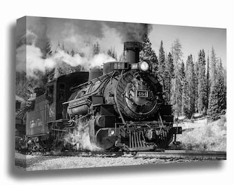 Railroad Canvas Wall Art - Black and White Gallery Wrap of Steam Engine in Colorado Train Photography Western Decor