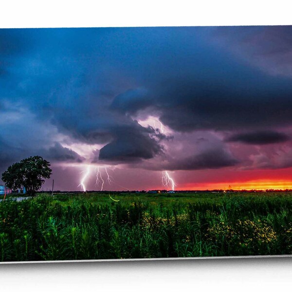 Storm Wall Art - Aluminum Metal Print of Lightning Strikes at Sunset on Stormy Evening in Oklahoma Thunderstorm Photography Weather Decor