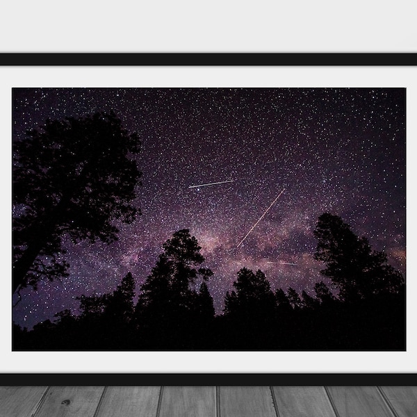 Framed and Matted Photography Print - Picture of Shooting Stars Planes and Satellites in Colorado Night Sky Celestial Wall Art Starry Decor