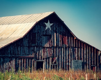 Country Photography Print - Picture of Old Red Barn with Painted Star in Oklahoma Farm Wall Art Farmhouse Decor