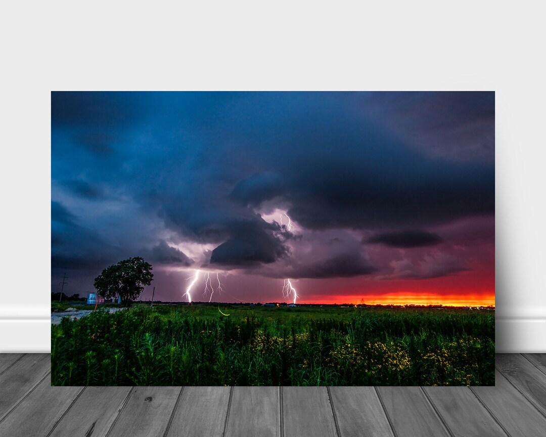 Storm Wall Art Aluminum Metal Print of Lightning Strikes at Sunset on Stormy Evening in Oklahoma