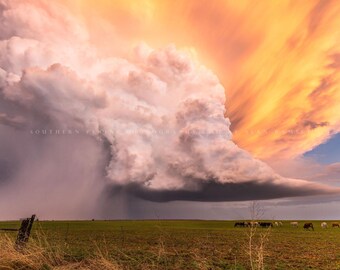 Storm Photography Print: Kansas Supercell Thunderstorm Sunset  Sky Cloud Plains Weather Canvas Metal Framed Picture Photo Wall Art Decor