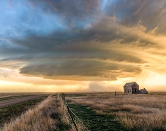 Storm Photography Print - Picture of Supercell Thunderstorm Over Abandoned House on Spring Evening in Colorado - Weather Wall Art Decor