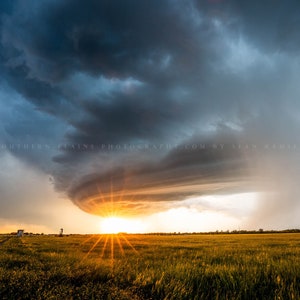 Storm Photography Print - Picture of Supercell Thunderstorm with Sun Twinkle at Sunset in Oklahoma Sky Wall Art Weather Decor