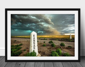 Framed and Matted Photography Print - Picture of Thunderstorm Behind Railroad Post at Kansas State Line Great Plains Wall Art Western Decor