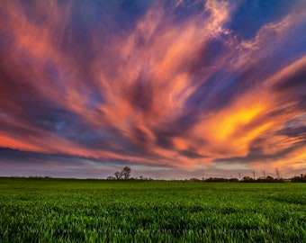 Oklahoma Picture - Fine Art Landscape Photography Print of Clouds Illuminated by Sunset Over Field Great Plains Wall Art Photo Decor