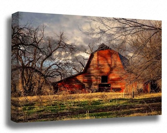 Country Wall Art - Gallery Wrapped Canvas of Rustic Red Barn on Autumn Evening in Oklahoma Farm Photography Farmhouse Decor