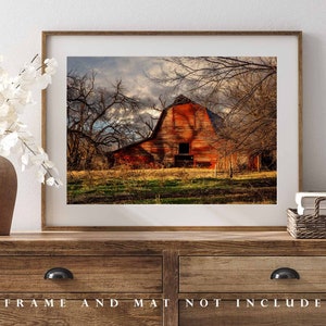 Country Photography Print Picture of Rustic Red Barn on Autumn Day in Oklahoma Farm Landscape Wall Art Farmhouse Decor image 4