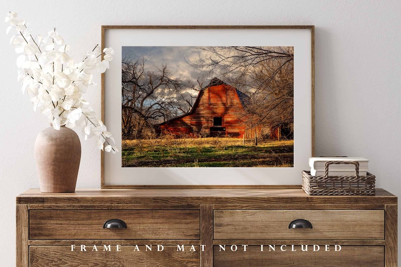 Country Photography Print Picture of Rustic Red Barn on Autumn Day in Oklahoma Farm Landscape Wall Art Farmhouse Decor image 4