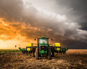 Farm Photography Print - Picture of Tractor and Storm at Sunset in Kansas Country Wall Art Farmhouse Decor