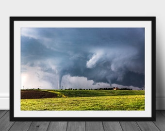 Framed and Matted Photography Print - Picture of Two Tornadoes on Stormy Spring Day in Kansas Extreme Weather Wall Art Nature Decor