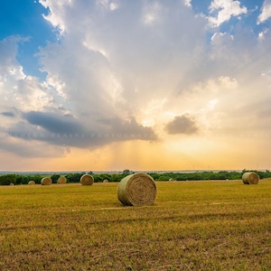 Hay Bale Photography Print: Oklahoma Farm Field Heavenly Sky Country Rural Landscape Clouds Canvas Metal Framed Picture Photo Wall Art Decor