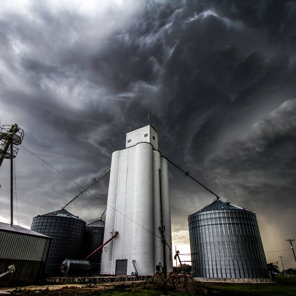 Rural Photography Print - Picture of Storm Clouds Swirling Over Grain Elevator in Small Town Kansas Country Wall Art Thunderstorm Decor