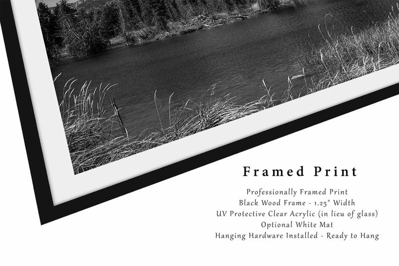 May include: A black and white photograph of a lake and trees framed in a black wood frame with a white mount. The frame is 1.25 inches wide and includes UV protective clear acrylic instead of glass. The print comes with hanging hardware installed and is ready to hang.