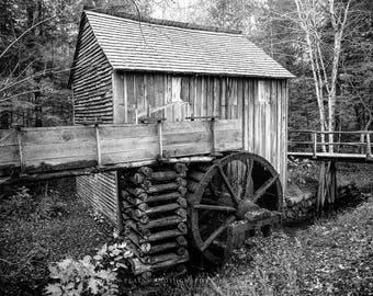 Black and White Photography Print - Fine Art Picture of Old Mill in Cades Cove Smoky Mountains Tennessee Home Decor Artwork Rustic Photo