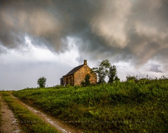 Country Photography Print - Picture of Old House Under Storm Clouds on Autumn Day in Oklahoma Rustic Farmhouse Wall Art Thunderstorm Decor