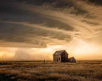 Storm Photography Print - Picture of Thunderstorm Approaching Abandoned House at Sunset in Colorado - Moody Country Farmhouse Wall Art Decor