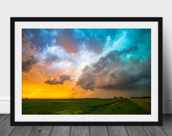 Framed and Matted Print - Picture of Colorful Storm Clouds at Sunset on Stormy Evening in Kansas Thunderstorm Wall Art Nature Decor