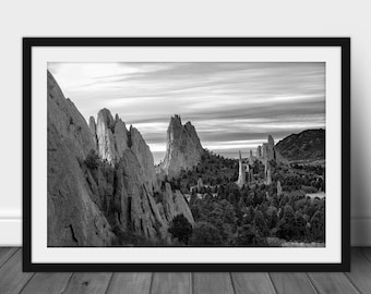 Framed Print with Optional Mat - Black and White Picture of Garden of the Gods in Colorado Springs Rocky Mountain Photography Western Decor
