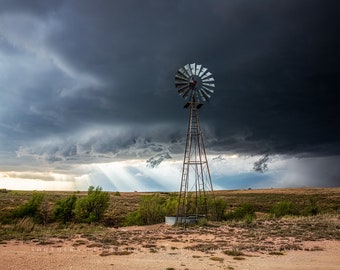 Country Photography Print - Picture of Sunbeams Breaking Through Storm and Windmill in Texas - Farmhouse Home Decor Photo Artwork