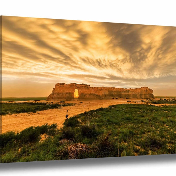 Great Plains Canvas Wall Art - Gallery Wrap of Monument Rocks Under Stormy Sky at Sunset in Kansas Prairie Photography Western Decor