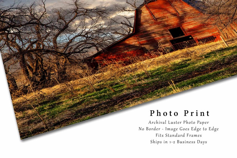 Country Photography Print Picture of Rustic Red Barn on Autumn Day in Oklahoma Farm Landscape Wall Art Farmhouse Decor image 2