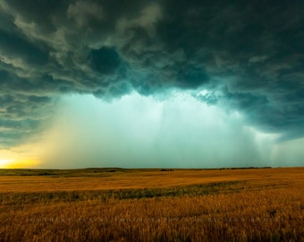 Storm Photography Print - Picture of Supercell Thunderstorm Dropping Rain over Wheat Field in Oklahoma Weather Wall Art Nature Decor