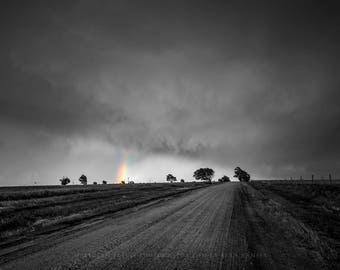 Black and White Photography Print - Wall Art Picture of Rainbow in Color Down Country Road and Tree Silhouettes on Stormy Day Kansas Decor