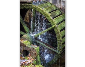 Smoky Mountains Photography Print - Vertical Picture of Old Mill Wheel Dripping Water at Cable Mill in Cades Cove in Autumn Wall Art Decor