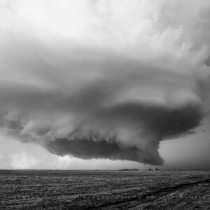 Storm Photography Print - Black and White Picture of Supercell Thunderstorm Over Field in Kansas Extreme Weather Wall Art Nature Decor