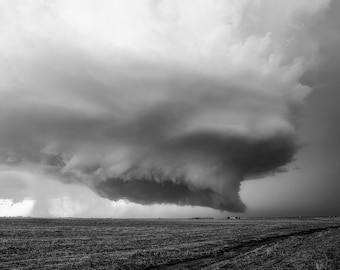 Storm Photography Print - Black and White Picture of Supercell Thunderstorm Over Field in Kansas Extreme Weather Wall Art Nature Decor