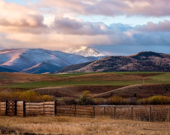 Western Wall Art Photography Print - Picture of Snowy Peak and Mountain Landscape on Fall Day in Montana Rocky Mountain Photo Artwork Decor