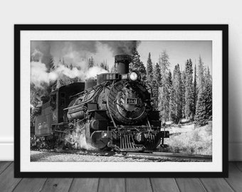 Framed Train Print (Ready to Hang) Black and White Picture of Steam Engine in Colorado Locomotive Wall Art Railroad Decor