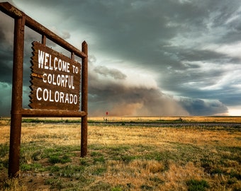 Thunderstorm Photography Print - Picture of Storm Behind Colorful Colorado State Line Sign Great Plains Wall Art Western Decor