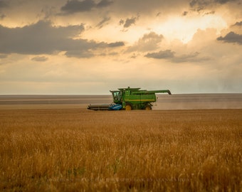 Agriculture Photography Wall Art Print - Farm Picture of Combine Cutting at Wheat Harvest as Rain Begins to Fall in Colorado Farming Decor