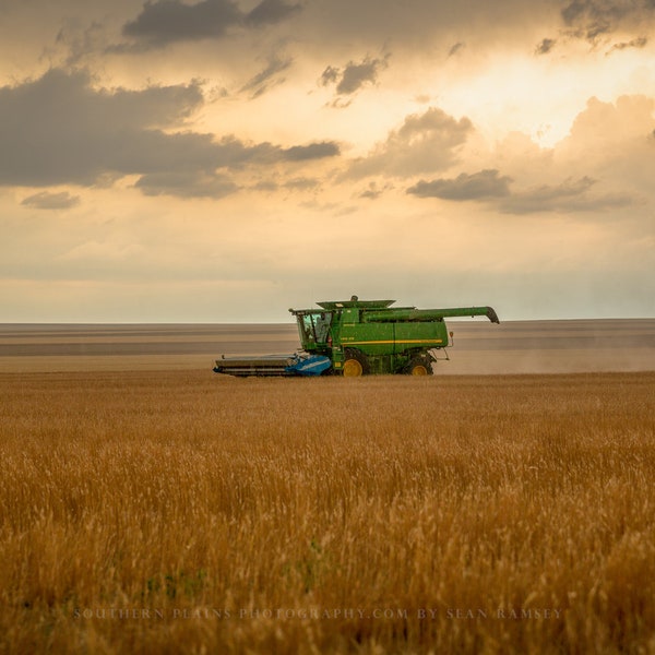 Agriculture Photography Wall Art Print - Farm Picture of Combine Cutting at Wheat Harvest as Rain Begins to Fall in Colorado Farming Decor