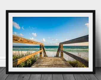 Framed Beach Print (Ready to Hang) Picture of Sandy Boardwalk Leading to Emerald Waters in Florida Gulf Coast Wall Art Coastal Decor