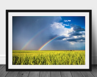 Framed Great Plains Wall Art (Ready to Hang) Picture of Double Rainbow Over Wheat Field in Kansas Landscape Photography Country Decor