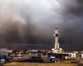 Oilfield Photography Print - Wall Art Picture of Drilling Rig Yard and Intense Storm in Central Oklahoma Oil Rig Derrick Scenic Decor