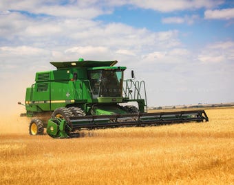 Combine Photography Print: Colorado Wheat Harvest Farm Equipment Agriculture John Deere Canvas Metal Framed Picture Photo Wall Art Decor