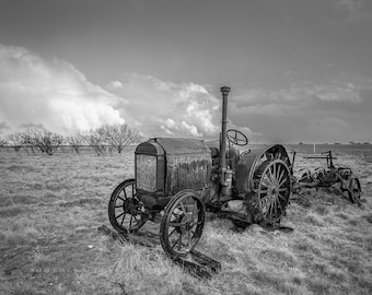 Country Photography Print - Black and White Picture of Rustic McCormick-Deering Tractor in Texas Farm Wall Art Farmhouse Decor