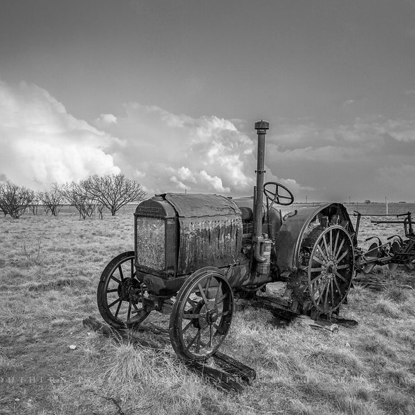 Country Photography Print - Black and White Picture of Rustic McCormick-Deering Tractor in Texas Farm Wall Art Farmhouse Decor